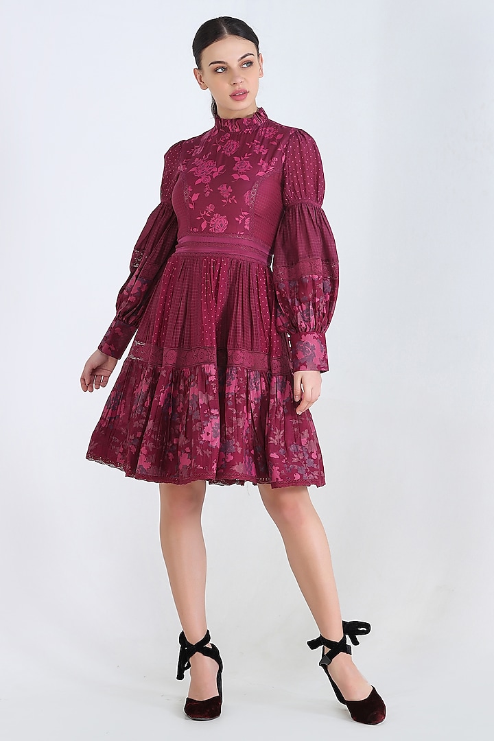 Plum Printed Dress With Lace Detailing For Girls by Pinnacle by Shruti Sancheti