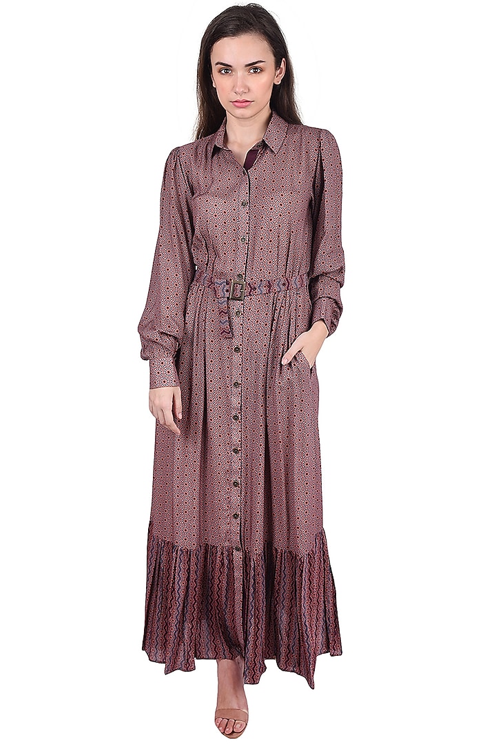 Brown Digital Printed Midi Dress For Girls by Pinnacle by Shruti Sancheti