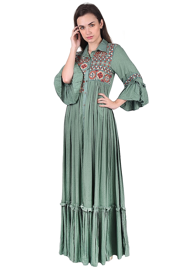 Emerald Green Embroidered Maxi Dress Design by Pinnacle by Shruti ...