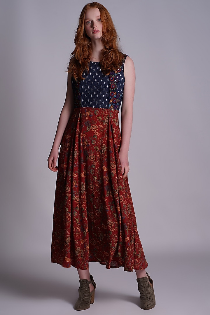 Blue & Red Embroidered Dress by Pinnacle By Shruti Sancheti