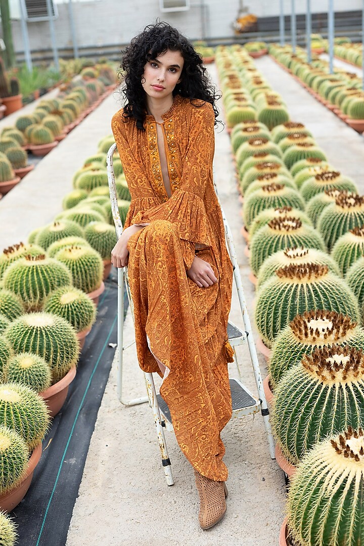 Ocher Embroidered Tiered Dress by Pinnacle By Shruti Sancheti
