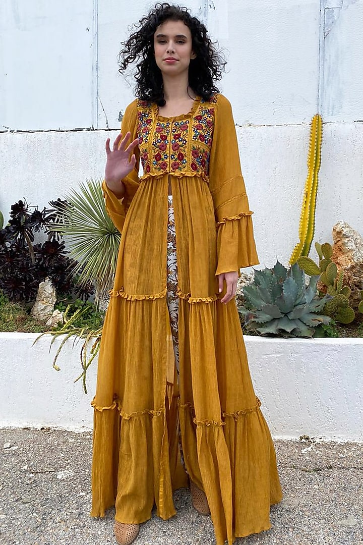 Mustard Embroidered Front Open Dress by Pinnacle By Shruti Sancheti