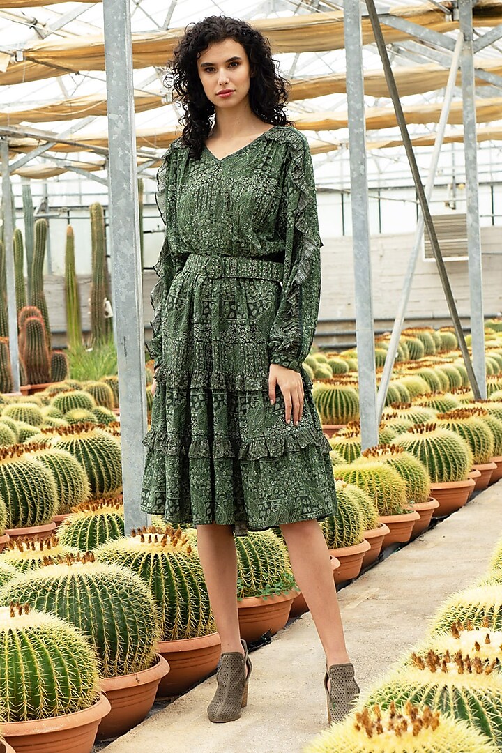 Green Printed Ruflled Dress by Pinnacle By Shruti Sancheti