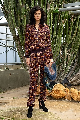 Burgundy Printed Knit Pants by Pinnacle By Shruti Sancheti