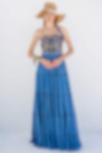 Blue Aster Embroidered Tiered Maxi Dress by Pinnacle By Shruti Sancheti