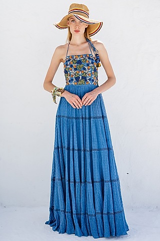 Blue Aster Embroidered Tiered Maxi Dress by Pinnacle By Shruti Sancheti