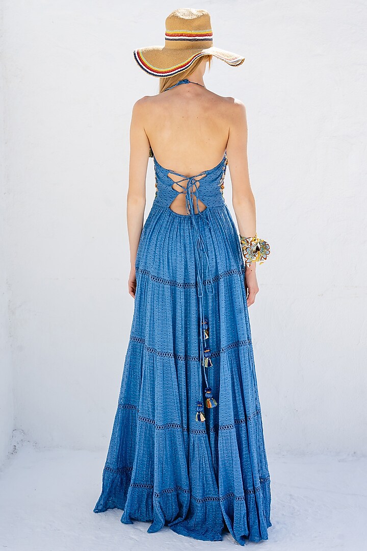Blue Aster Embroidered Tiered Maxi Vacation Dress by Pinnacle By Shruti Sancheti at Pernia's Pop Up Shop