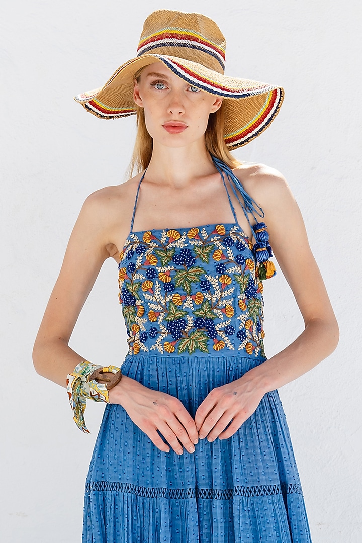Blue Aster Embroidered Tiered Maxi Vacation Dress by Pinnacle By Shruti Sancheti at Pernia's Pop Up Shop