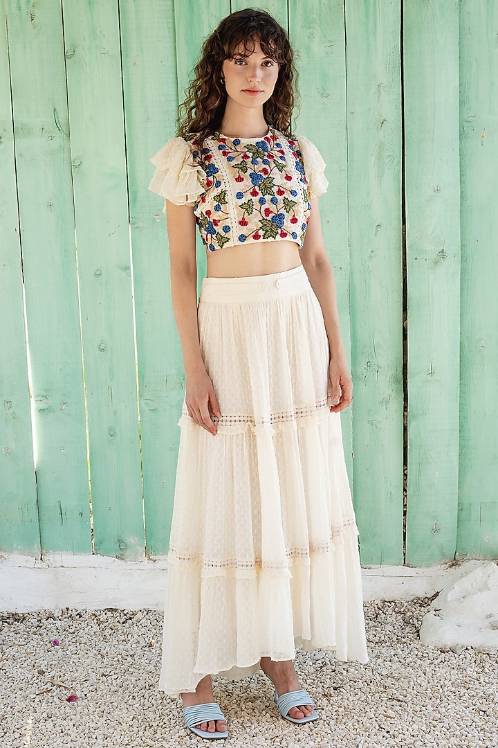 Bone White Embroidered Tiered High-Low Skirt Set by Pinnacle By Shruti Sancheti