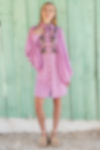 Lilac Striped Dobby Weave Hand Embroidered Mini Vacation Dress by Pinnacle By Shruti Sancheti at Pernia's Pop Up Shop