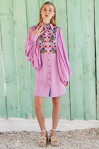 Lilac Striped Dobby Weave Hand Embroidered Mini Dress by Pinnacle By Shruti Sancheti