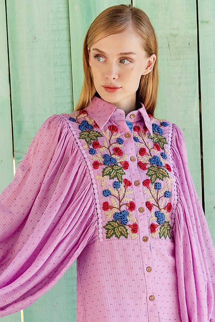 Lilac Striped Dobby Weave Hand Embroidered Mini Vacation Dress by Pinnacle By Shruti Sancheti at Pernia's Pop Up Shop