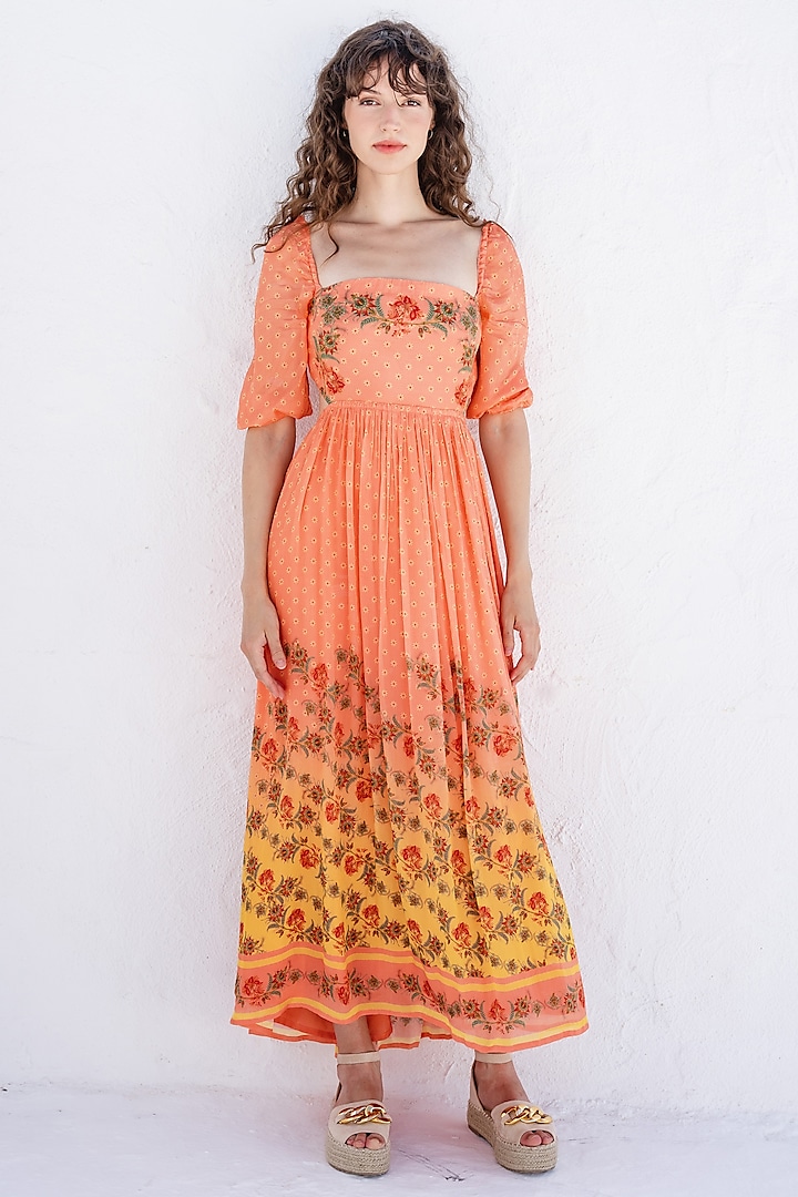 Peach & Yellow Ombre Printed Maxi Dress by Pinnacle By Shruti Sancheti