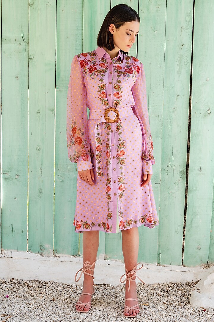 Lilac Digital Printed Shirt Dress With Belt by Pinnacle By Shruti Sancheti