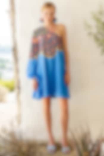 Azure Blue Digital Printed One-Shoulder Mini Dress by Pinnacle By Shruti Sancheti