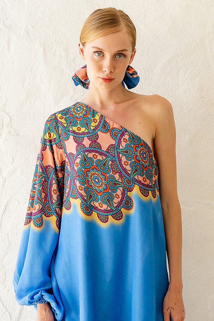 Azure Blue Digital Printed One-Shoulder Mini Summer Dress by Pinnacle By Shruti Sancheti at Pernia's Pop Up Shop