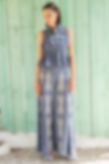 Canyon Blue Embroidered Box-Pleated Pants by Pinnacle By Shruti Sancheti at Pernia's Pop Up Shop