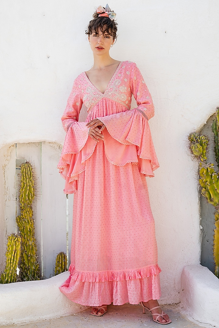 Candy Pink Hand Embroidered Maxi Dress by Pinnacle By Shruti Sancheti at Pernia's Pop Up Shop