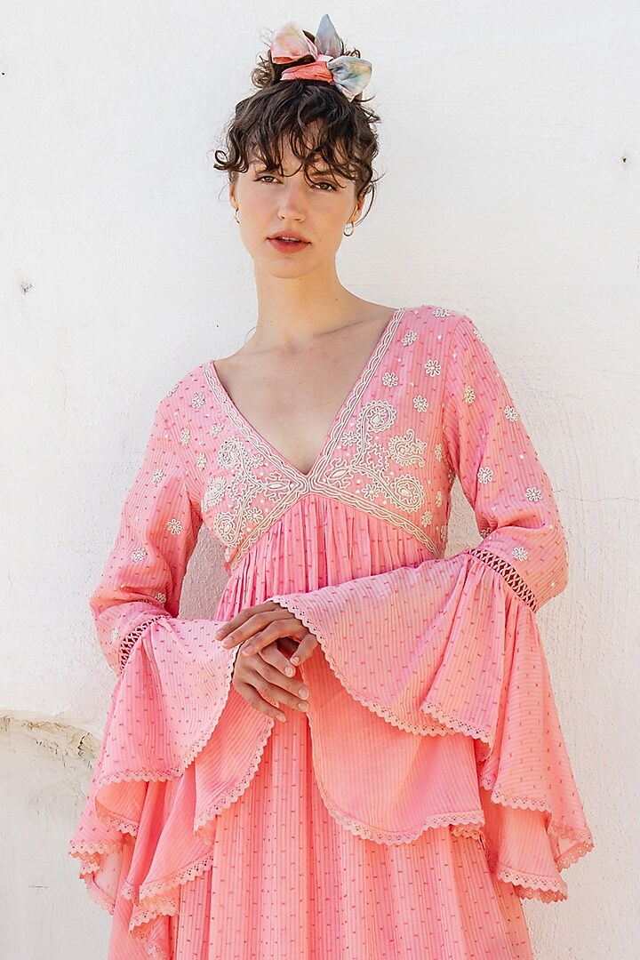 Candy Pink Hand Embroidered Maxi Vacation Dress by Pinnacle By Shruti Sancheti at Pernia's Pop Up Shop