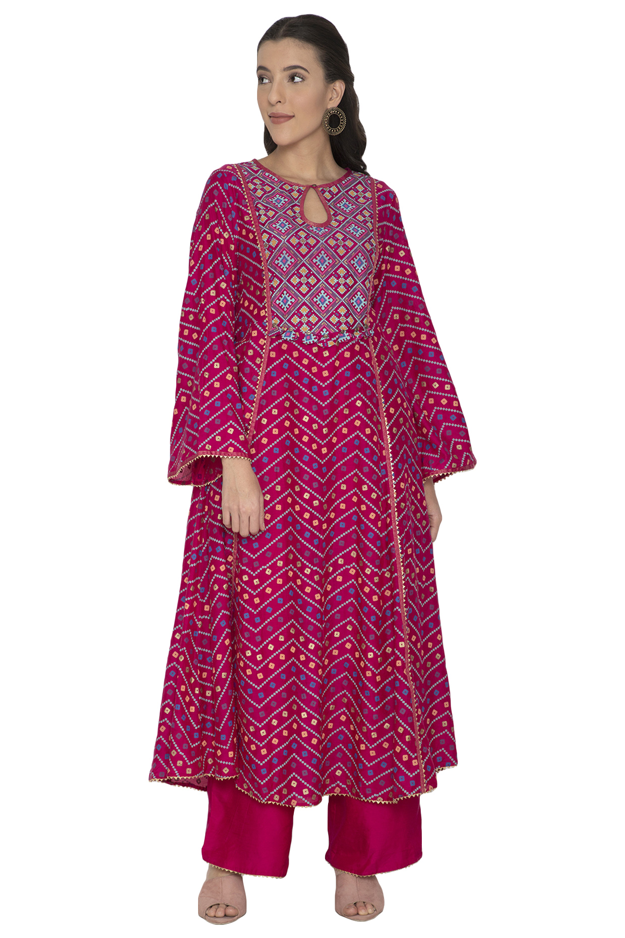 Fuchsia Pink Printed Kalidar Kurta With Pants by Pinnacle By Shruti Sancheti at Pernia's Pop Up Shop