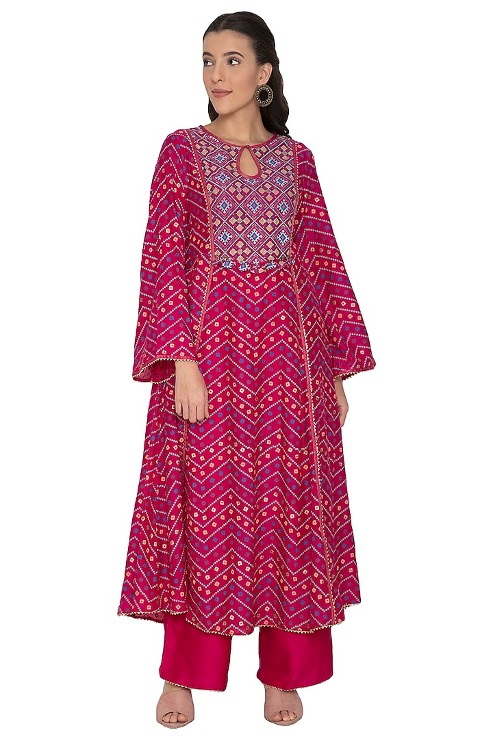 Fuchsia Pink Printed Kalidar Kurta With Pants by Pinnacle By Shruti Sancheti at Pernia's Pop Up Shop
