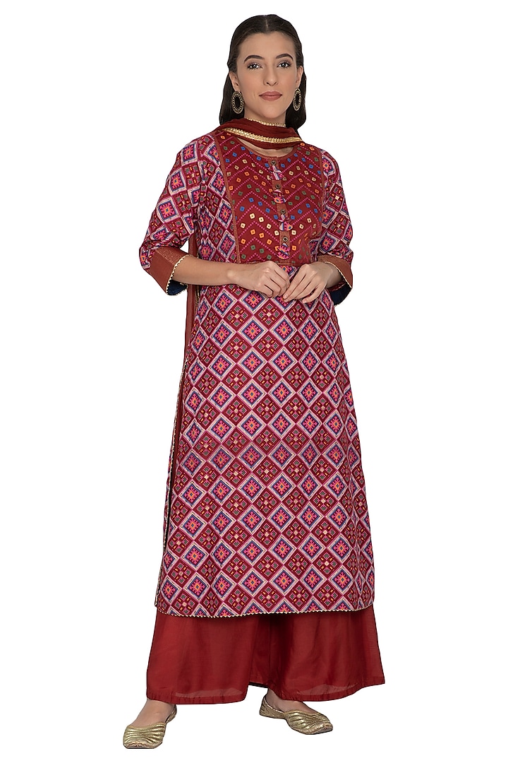 Red Silk Mul Bandhani Printed Tunic Set by Pinnacle By Shruti Sancheti