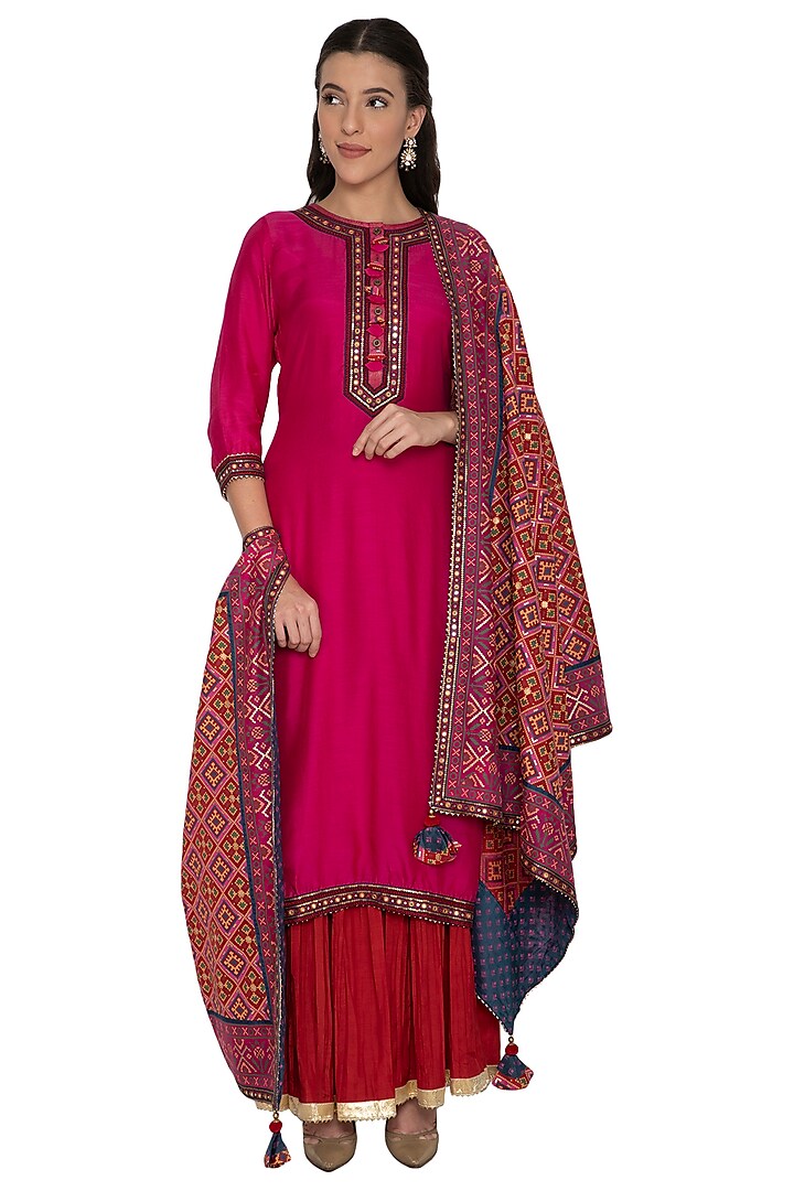 Pink & Red Embroidered Sharara Set by Pinnacle By Shruti Sancheti