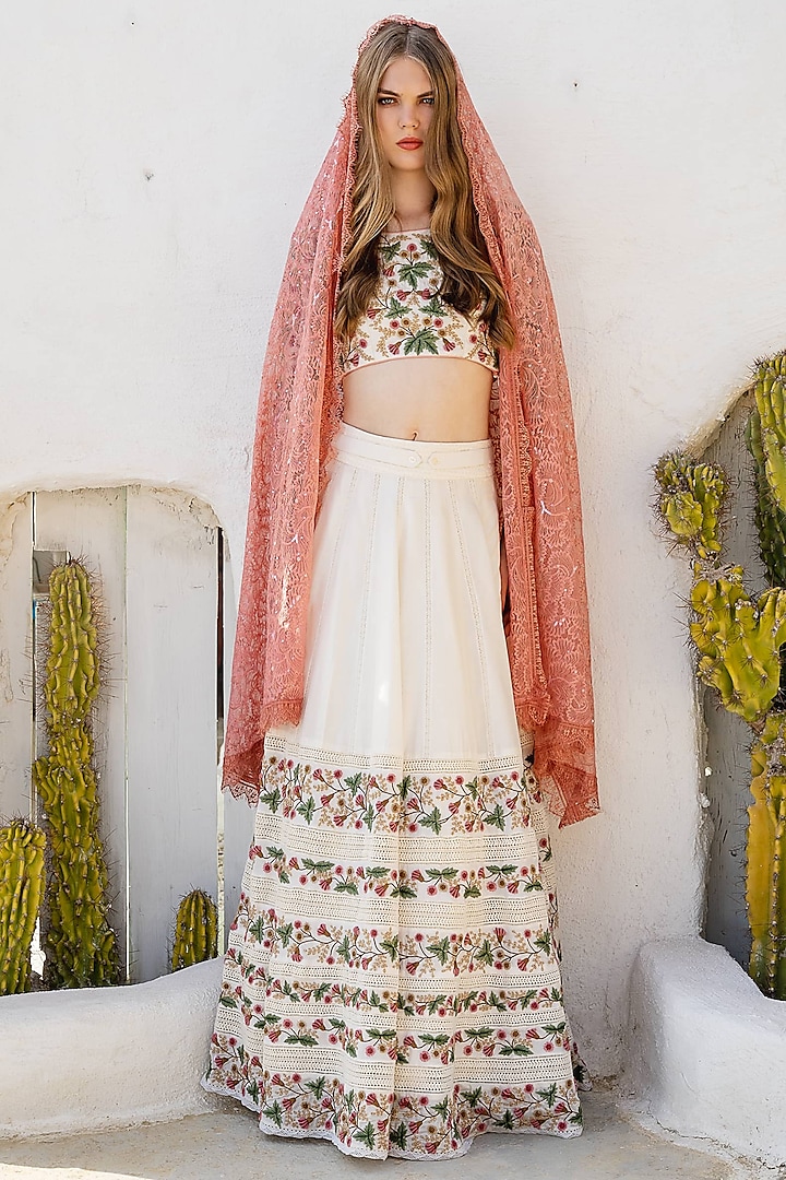 Off-White Hand Embroidered Skirt Set by Pinnacle by Shruti Sancheti