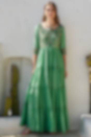 Green Tiered Maxi Dress by Pinnacle by Shruti Sancheti