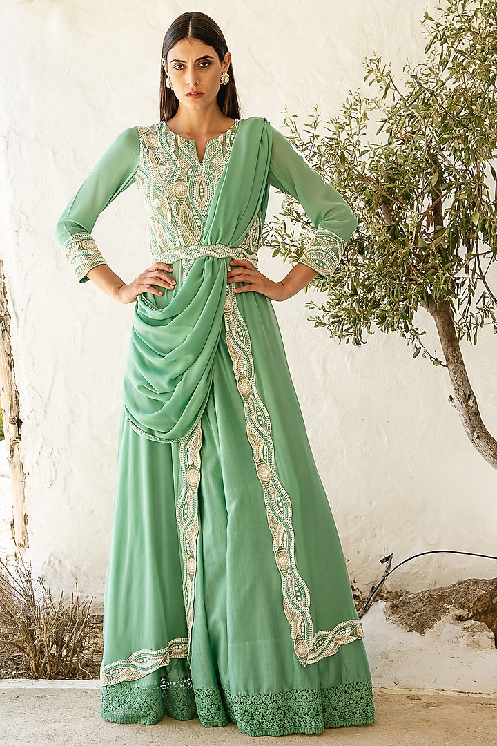 Mint Green Georgette Skirt Set by Pinnacle by Shruti Sancheti at Pernia's Pop Up Shop