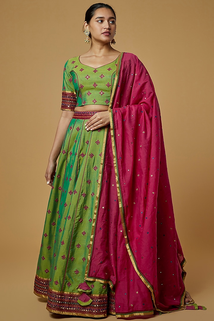 Parrot Green Hand Embroidered Lehenga Set by Pinnacle by Shruti Sancheti