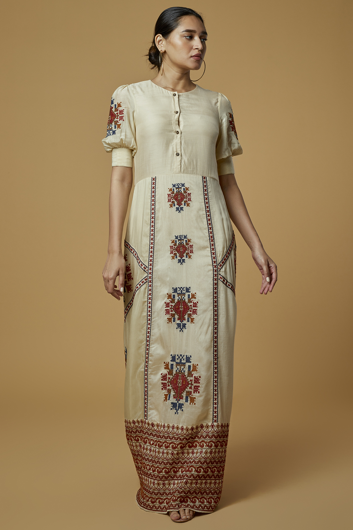 Beige Embroidered Maxi Vacation Dress by Pinnacle by Shruti Sancheti at Pernia's Pop Up Shop