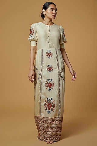 Beige Embroidered Maxi Dress by Pinnacle by Shruti Sancheti