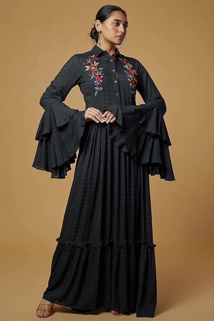 Black Viscose Twill Maxi Dress by Pinnacle by Shruti Sancheti