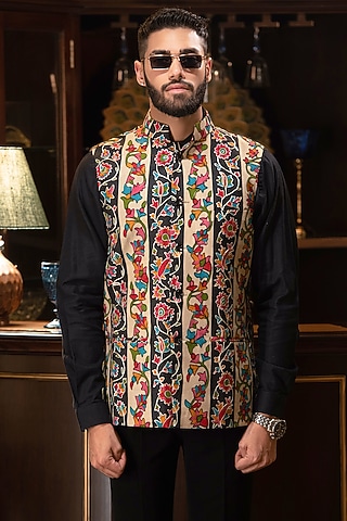 Multi-Colored Acrylic Hand Embroidered Nehru Jacket by Pashtush
