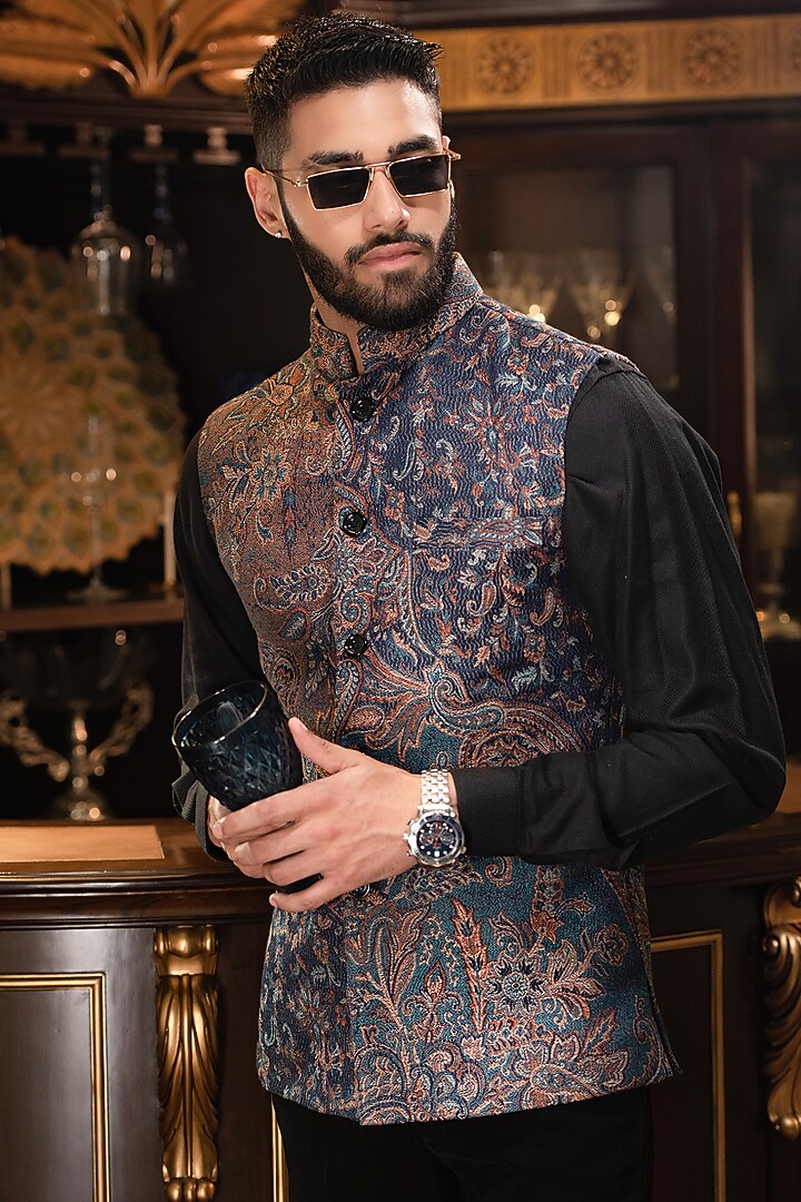 Blue Woven Jacquard Nehru Jacket by Pashtush at Pernia's Pop Up