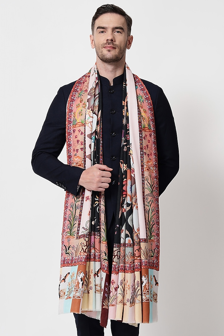 Multi-Colored Pure Wool Printed Shawl by Pashtush