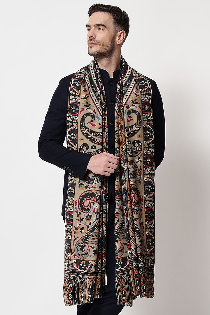 Multi-Colored Pure Wool Printed Shawl by Pashtush