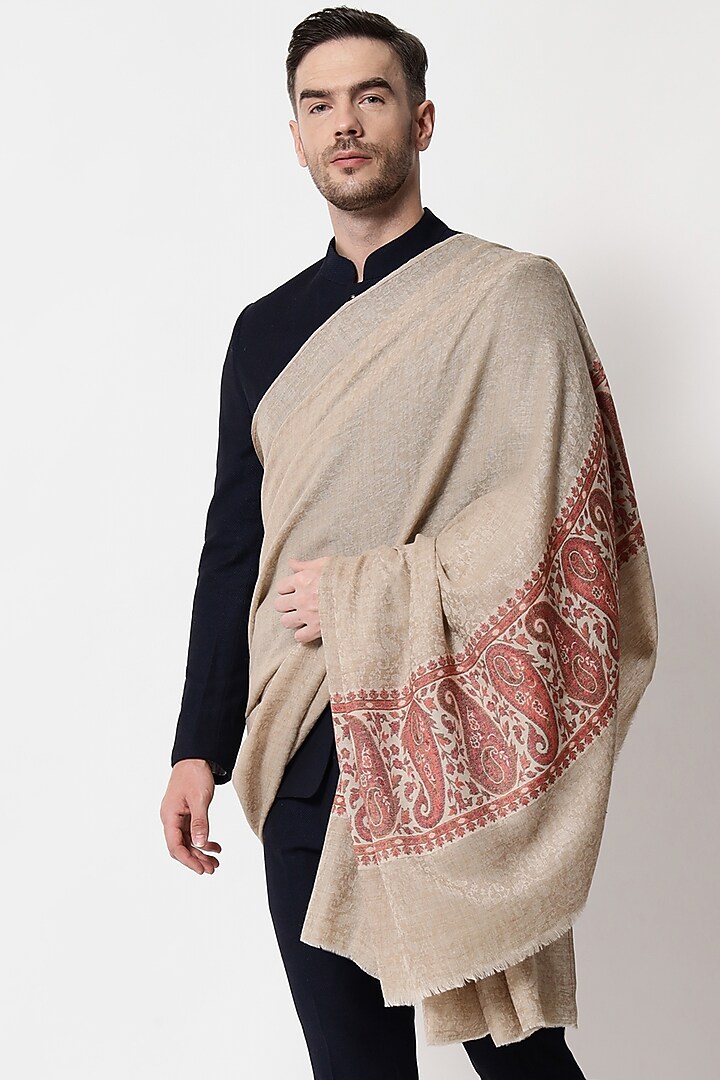 Beige Woven Wool Shawl by Pashtush at Pernia's Pop Up Shop