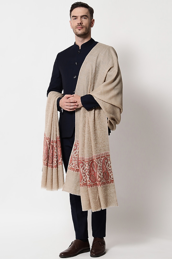 Beige Woven Wool Shawl by Pashtush at Pernia's Pop Up Shop