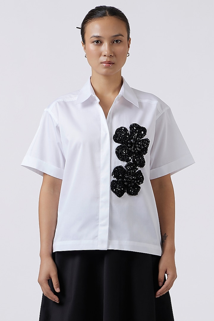 White Pima Cotton Sequins Embroidered Shirt by Pallavi Swadi at Pernia's Pop Up Shop