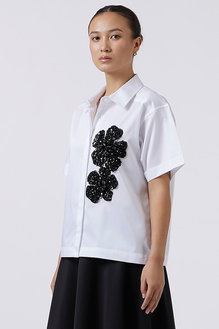 White Pima Cotton Sequins Embroidered Shirt by Pallavi Swadi at Pernia's Pop Up Shop
