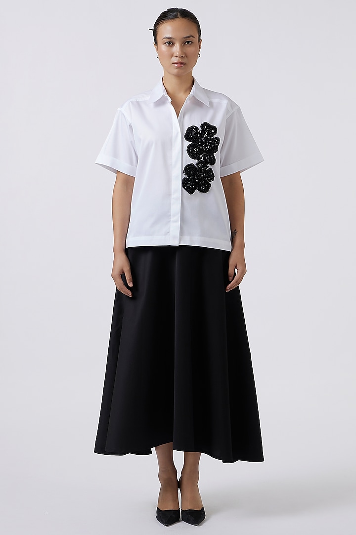 White Pima Cotton Sequins Embroidered Shirt by Pallavi Swadi at Pernia's Pop Up Shop