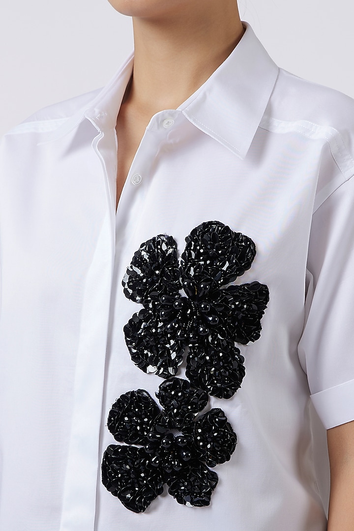 White Pima Cotton Sequins Embroidered Shirt by Pallavi Swadi at Pernia's Pop Up Shop