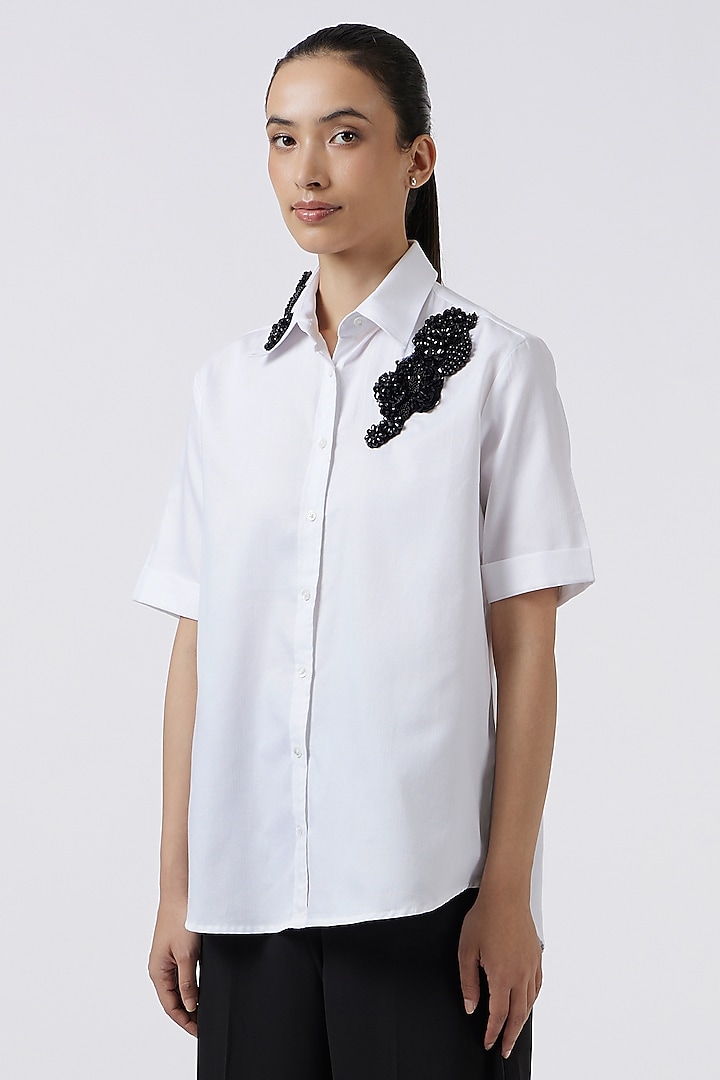 White Herringbone Cotton Shirt by Pallavi Swadi at Pernia's Pop Up Shop