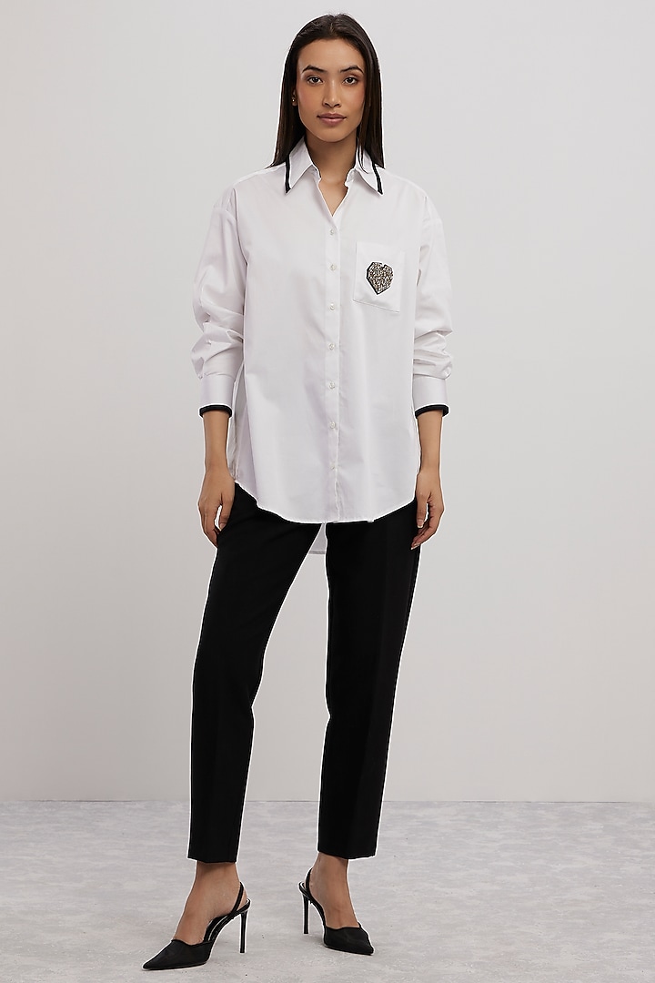 White Pima Cotton Crystal Stone Embroidered Shirt by Pallavi Swadi at Pernia's Pop Up Shop