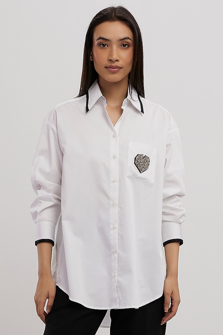 White Pima Cotton Crystal Stone Embroidered Shirt by Pallavi Swadi at Pernia's Pop Up Shop