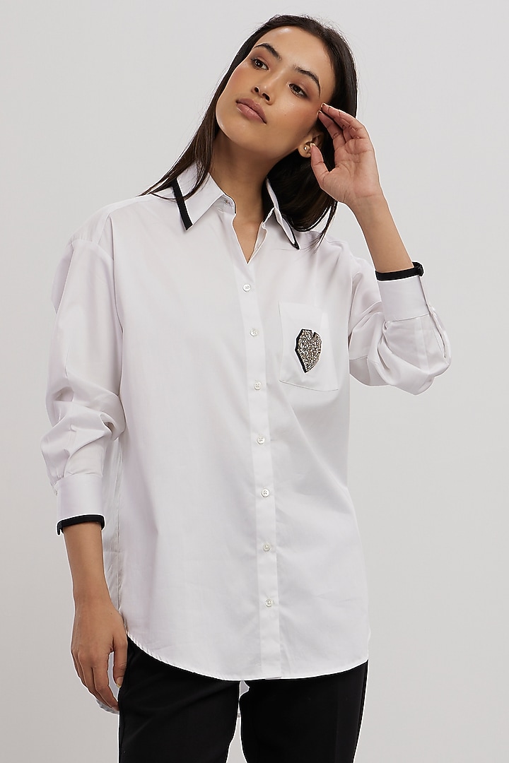 White Pima Cotton Crystal Stone Embroidered Shirt by Pallavi Swadi at Pernia's Pop Up Shop