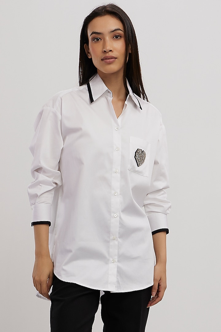 White Pima Cotton Crystal Stone Embroidered Shirt by Pallavi Swadi at Pernia's Pop Up Shop
