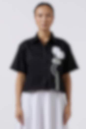 Black Pima Cotton Floral Embroidered Shirt by Pallavi Swadi at Pernia's Pop Up Shop